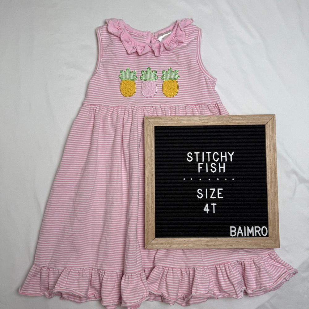 Stitchy Fish Pink Paradise Applique Dress, Pink w/ Pineapples & Stripes size 4T